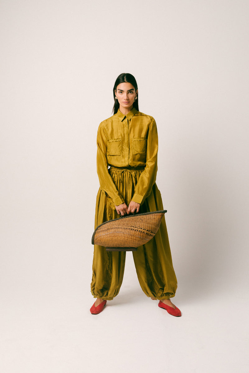 Cahaya Silk Pant Set habutai silk co-ord set by Ituvana in warm olive for women Worldwide