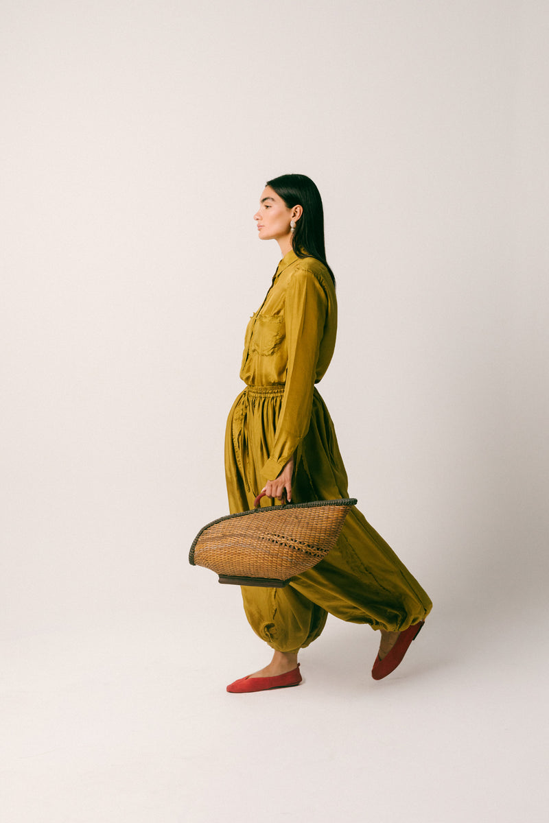Cahaya Silk Pant Set habutai silk co-ord set by Ituvana in warm olive for women Worldwide