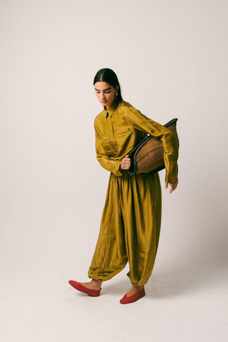 Cahaya Silk Pant Set habutai silk co-ord set by Ituvana in warm olive for women Worldwide
