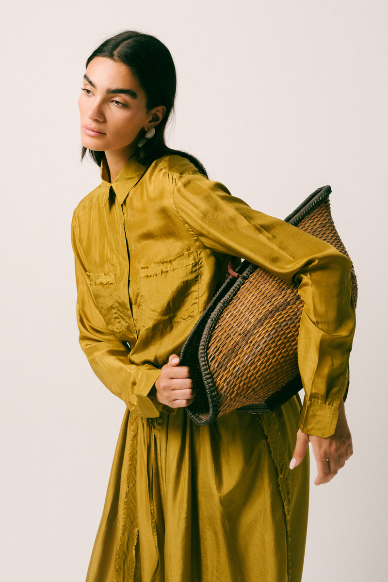 Cahaya Silk Pant Set habutai silk co-ord set by Ituvana in warm olive for women Worldwide