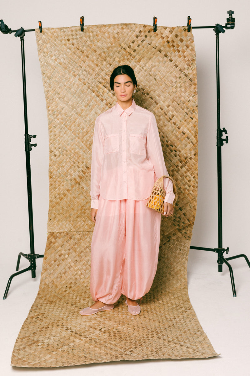 Manis Silk Balloon Set habutai silk co-ord set by Ituvana in pink for women Worldwide