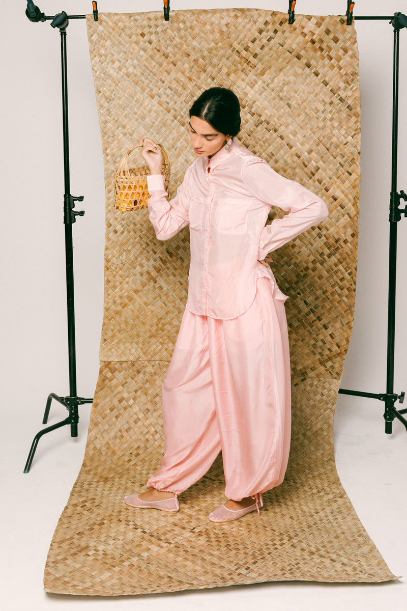Manis Silk Balloon Set habutai silk co-ord set by Ituvana in pink for women Worldwide