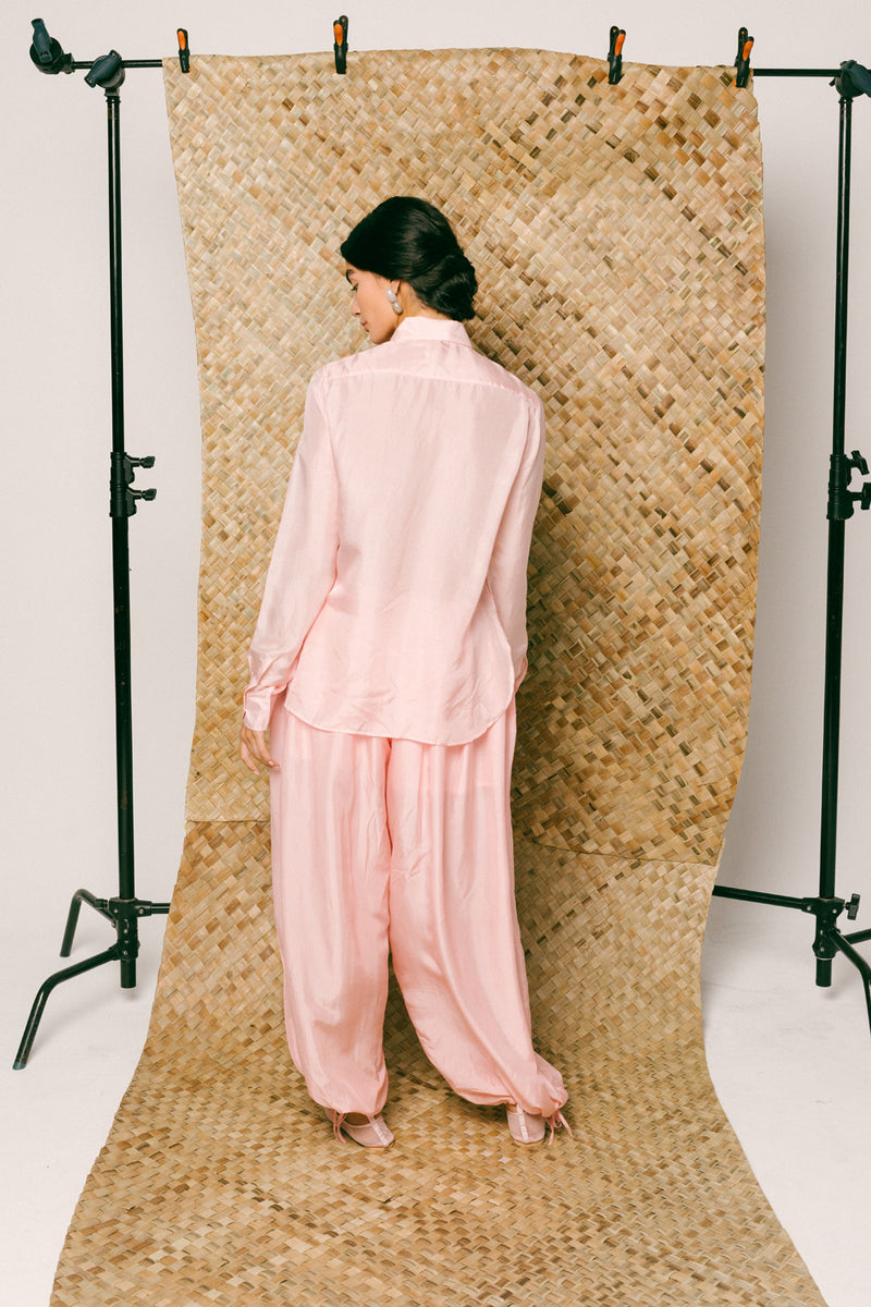 Manis Silk Balloon Set habutai silk co-ord set by Ituvana in pink for women Worldwide