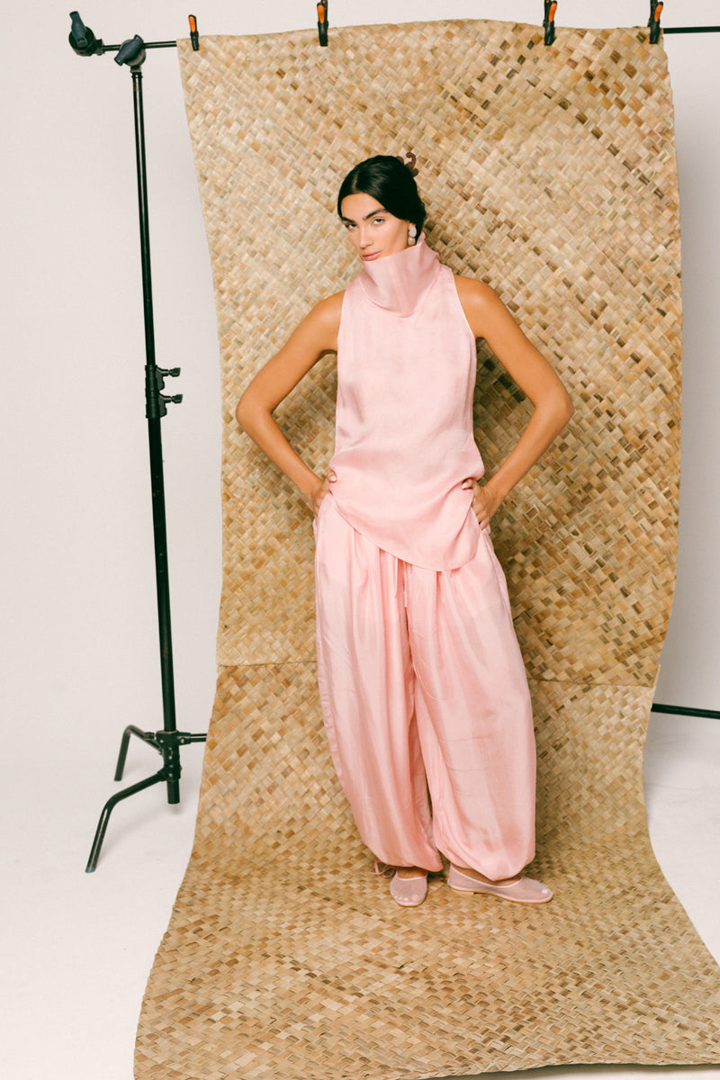 Mawar Silk Pant Set organza habutai silk co-ord set by Ituvana in pink for women Worldwide