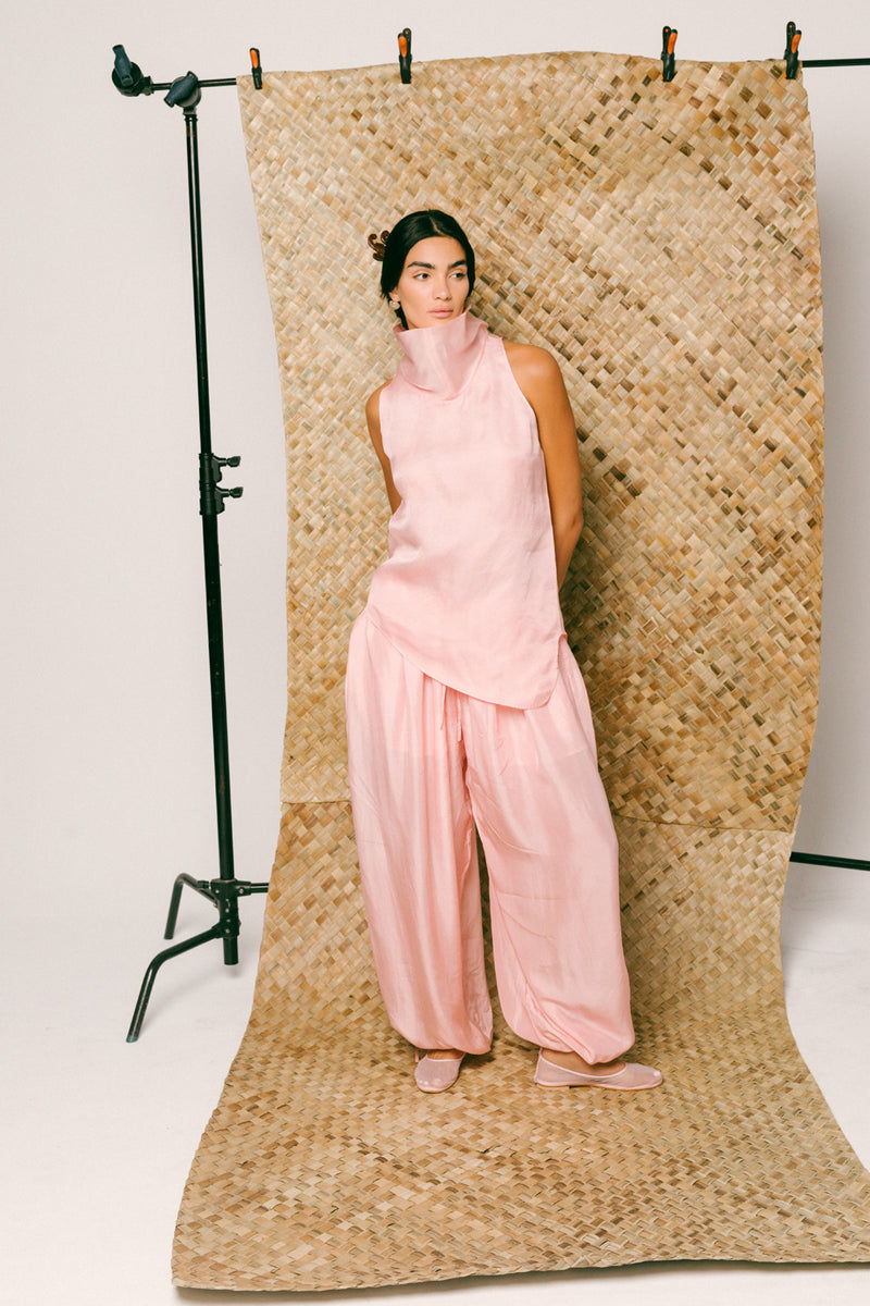 Mawar Silk Pant Set organza habutai silk co-ord set by Ituvana in pink for women Worldwide