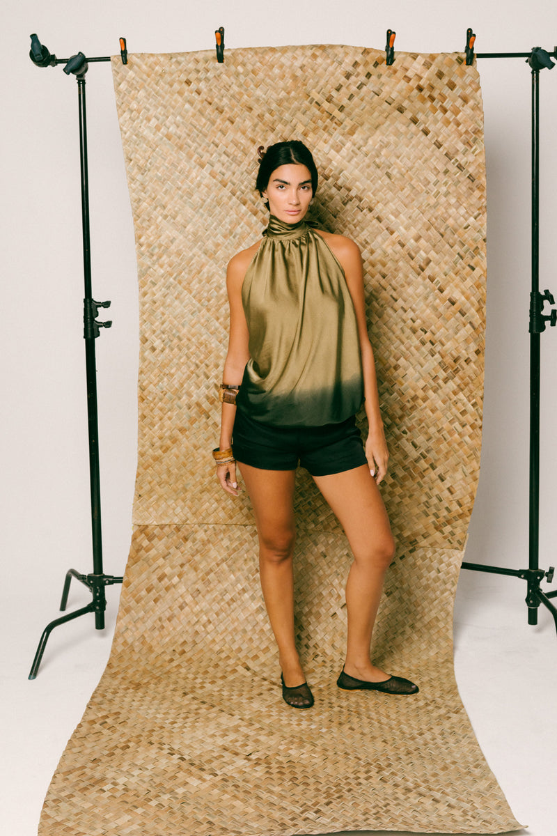 Senja Silk Short Set satin silk linen silk co-ord set by Ituvana in moss for women Worldwide