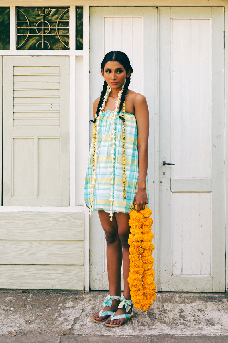 Pelangi Cotton Balloon Dress madras cotton dress by Ituvana in cyan for women Worldwide