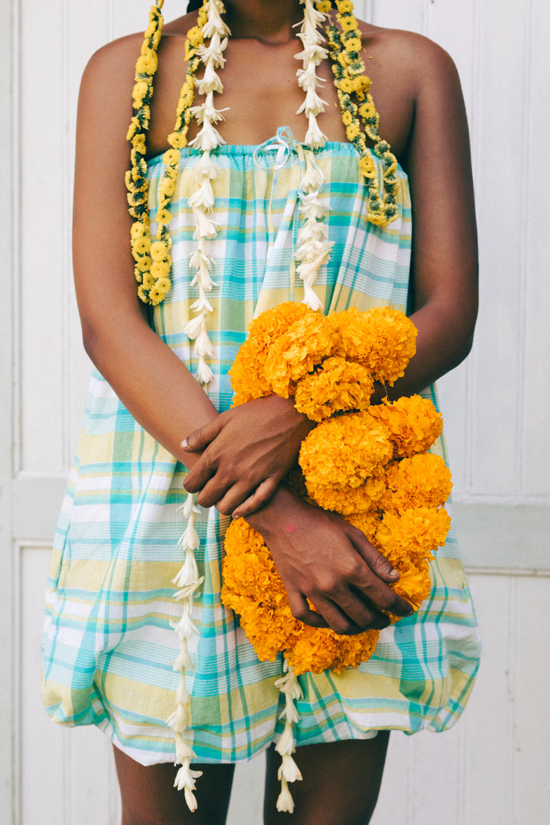 Pelangi Cotton Balloon Dress madras cotton dress by Ituvana in cyan for women Worldwide