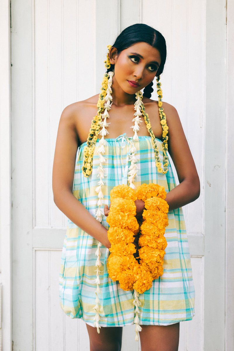 Pelangi Cotton Balloon Dress madras cotton dress by Ituvana in cyan for women Worldwide