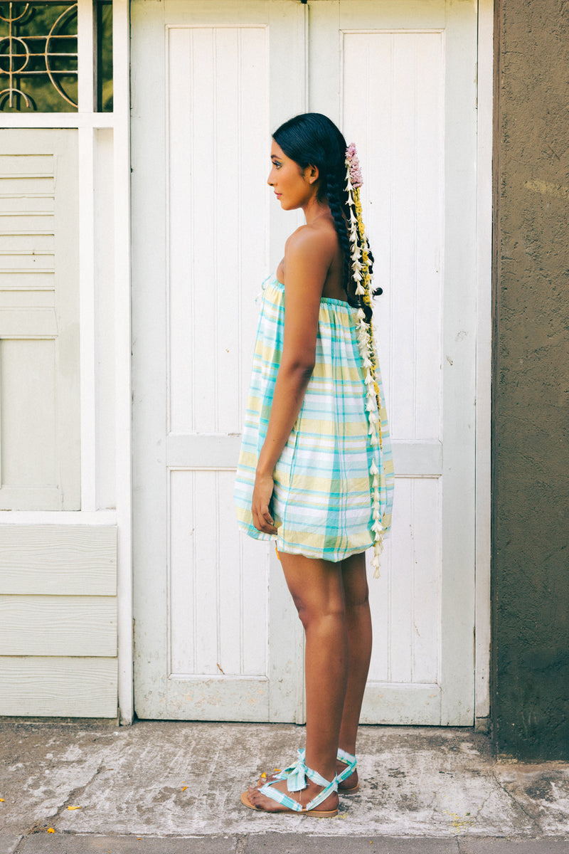 Pelangi Cotton Balloon Dress madras cotton dress by Ituvana in cyan for women Worldwide