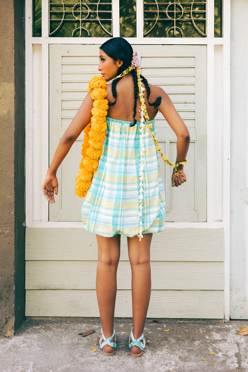 Pelangi Cotton Balloon Dress madras cotton dress by Ituvana in cyan for women Worldwide