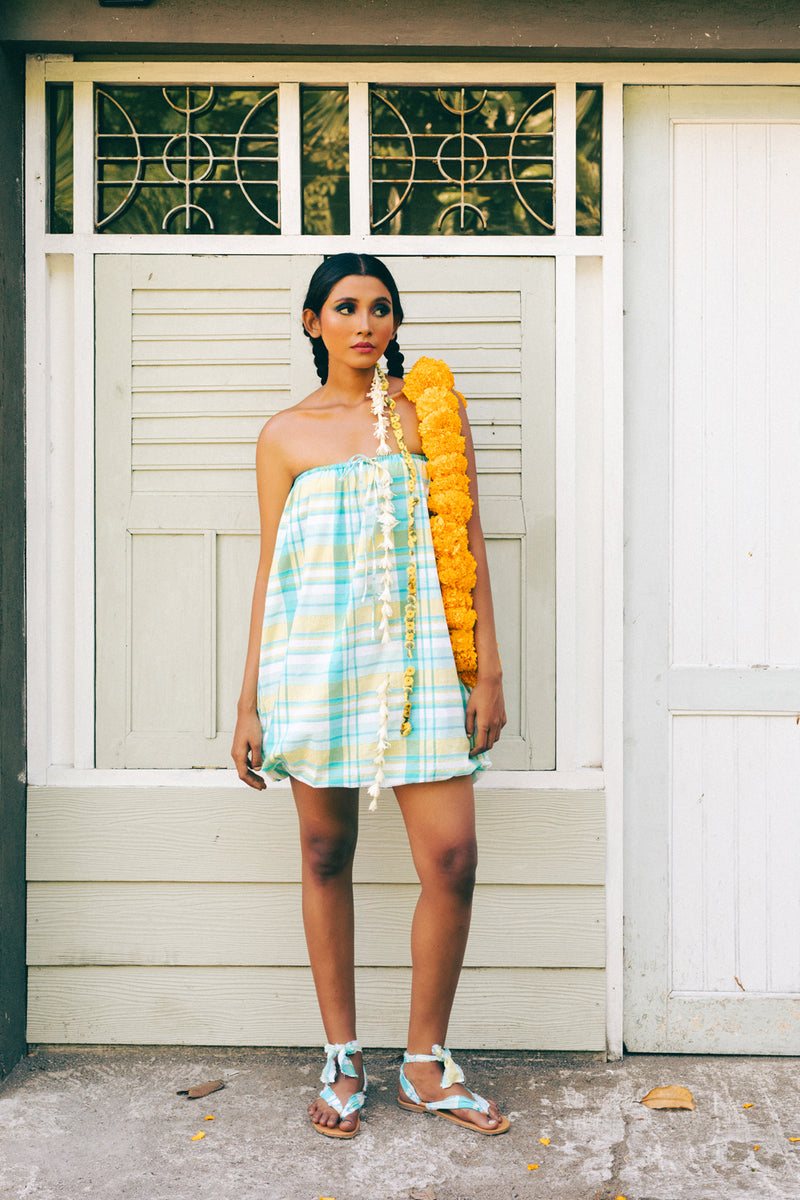Pelangi Cotton Balloon Dress madras cotton dress by Ituvana in cyan for women Worldwide