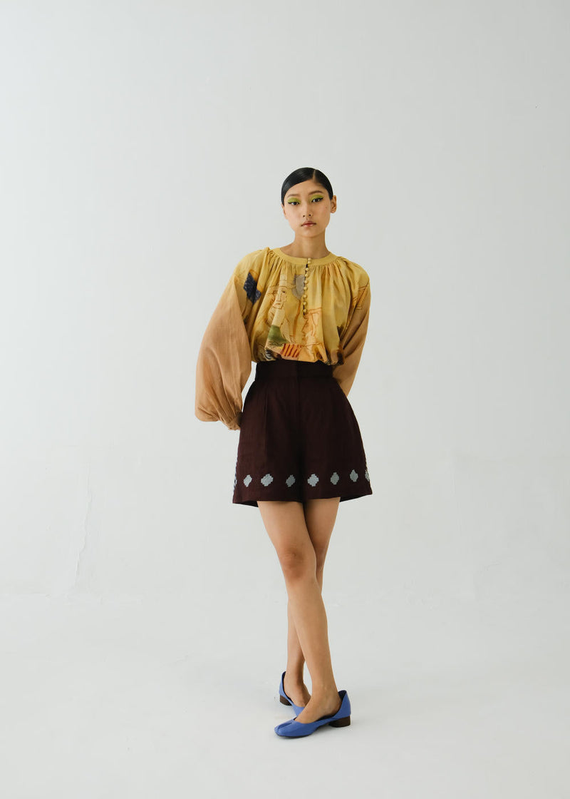 WIDE LEG SHORT-Maroon Applique cotton by CORD for women Worldwide