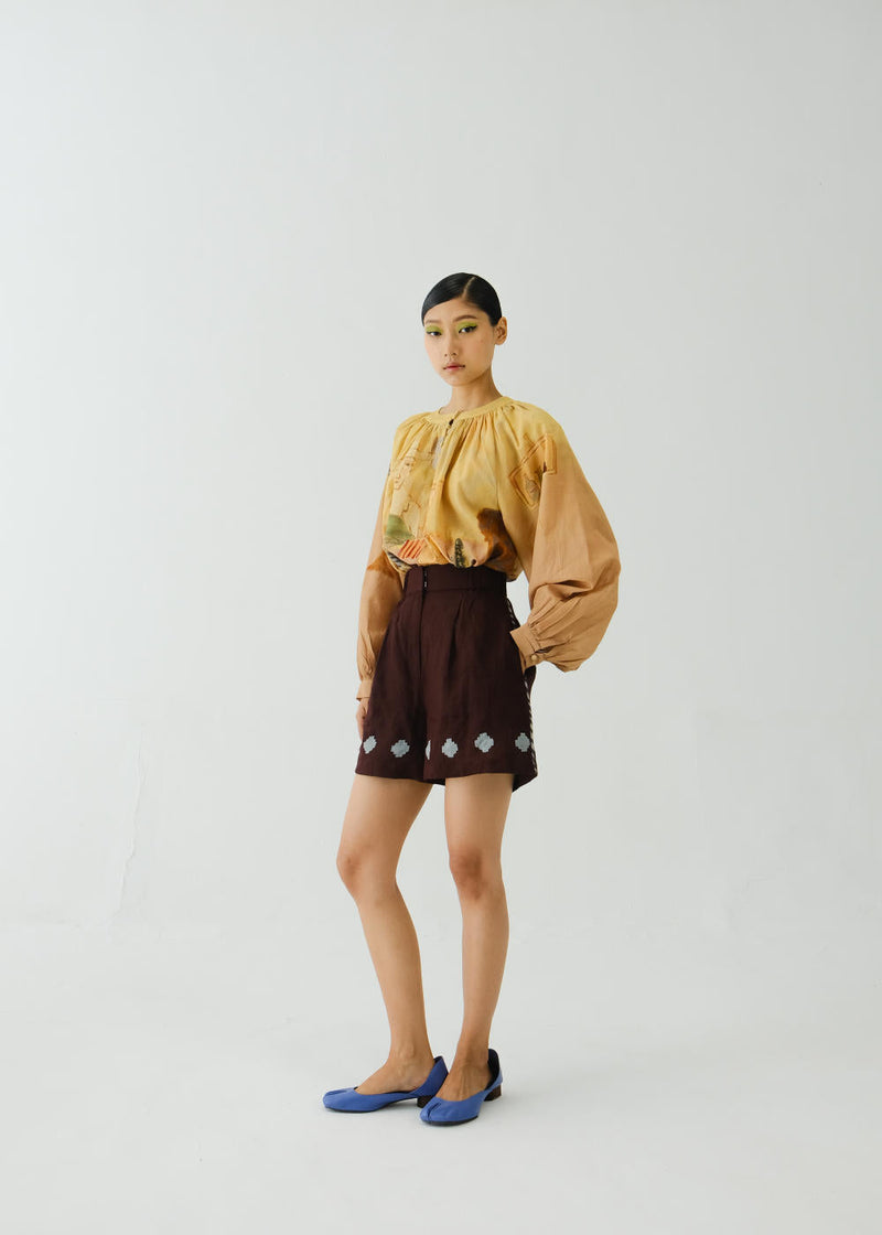 WIDE LEG SHORT-Maroon Applique cotton by CORD for women Worldwide