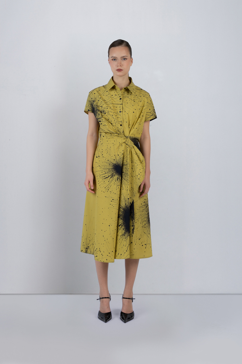 WRAP DRESS IN SPLATTER PRINT - Black + Lime Yellow dress by Leh Studios in black for women Worldwide