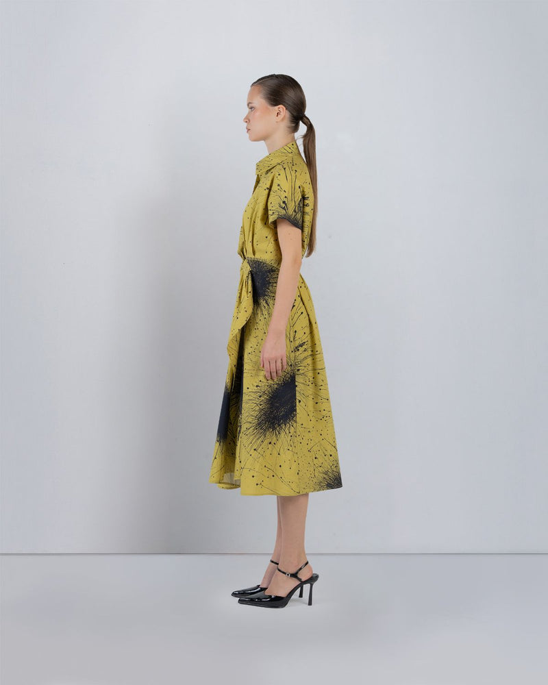 WRAP DRESS IN SPLATTER PRINT - Black + Lime Yellow dress by Leh Studios in black for women Worldwide