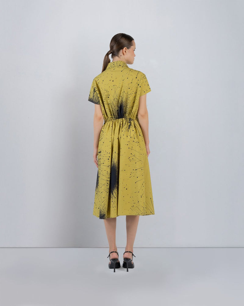 WRAP DRESS IN SPLATTER PRINT - Black + Lime Yellow dress by Leh Studios in black for women Worldwide