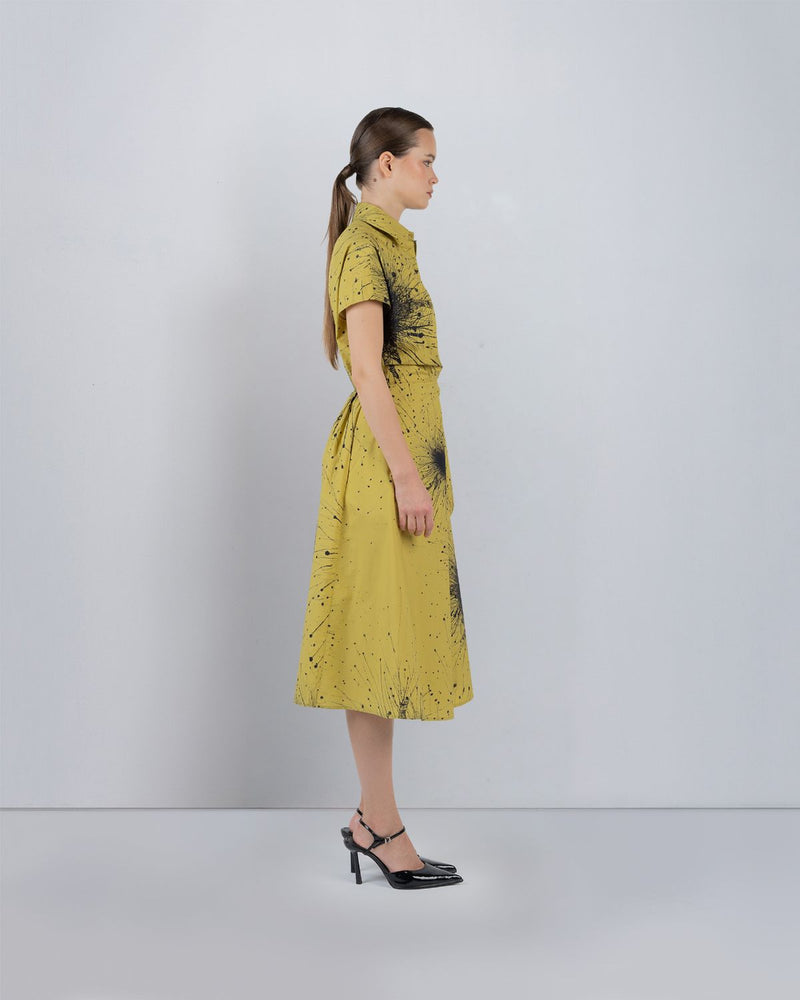 WRAP DRESS IN SPLATTER PRINT - Black + Lime Yellow dress by Leh Studios in black for women Worldwide