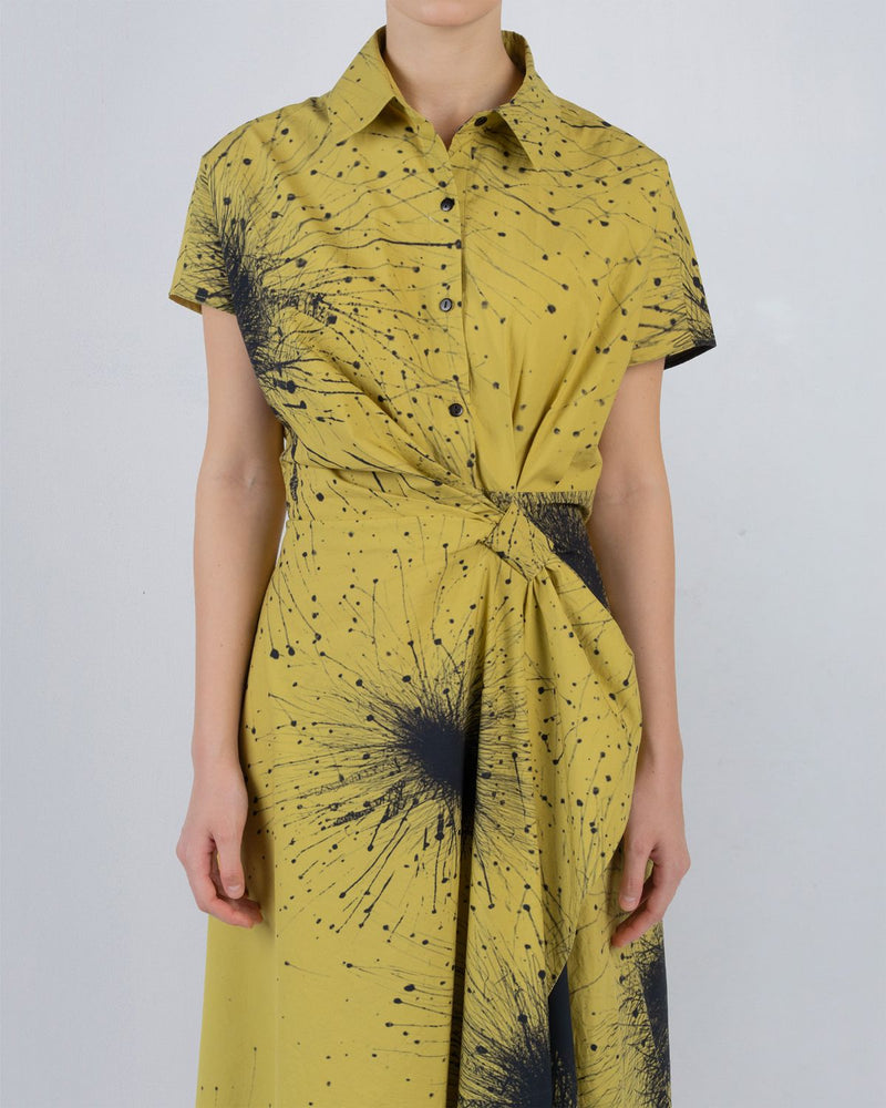 WRAP DRESS IN SPLATTER PRINT - Black + Lime Yellow dress by Leh Studios in black for women Worldwide