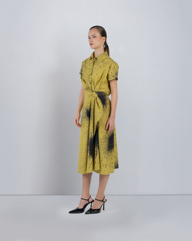 WRAP DRESS IN SPLATTER PRINT - Black + Lime Yellow dress by Leh Studios in black for women Worldwide