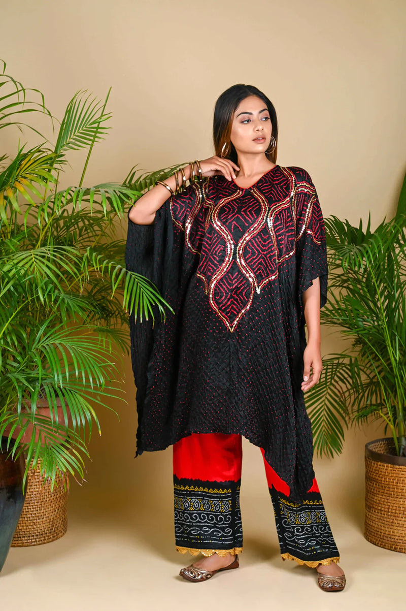 WAVE SEQUENCE KAFTAN-BLACK silk by Dyelogue in black color for women Worldwide