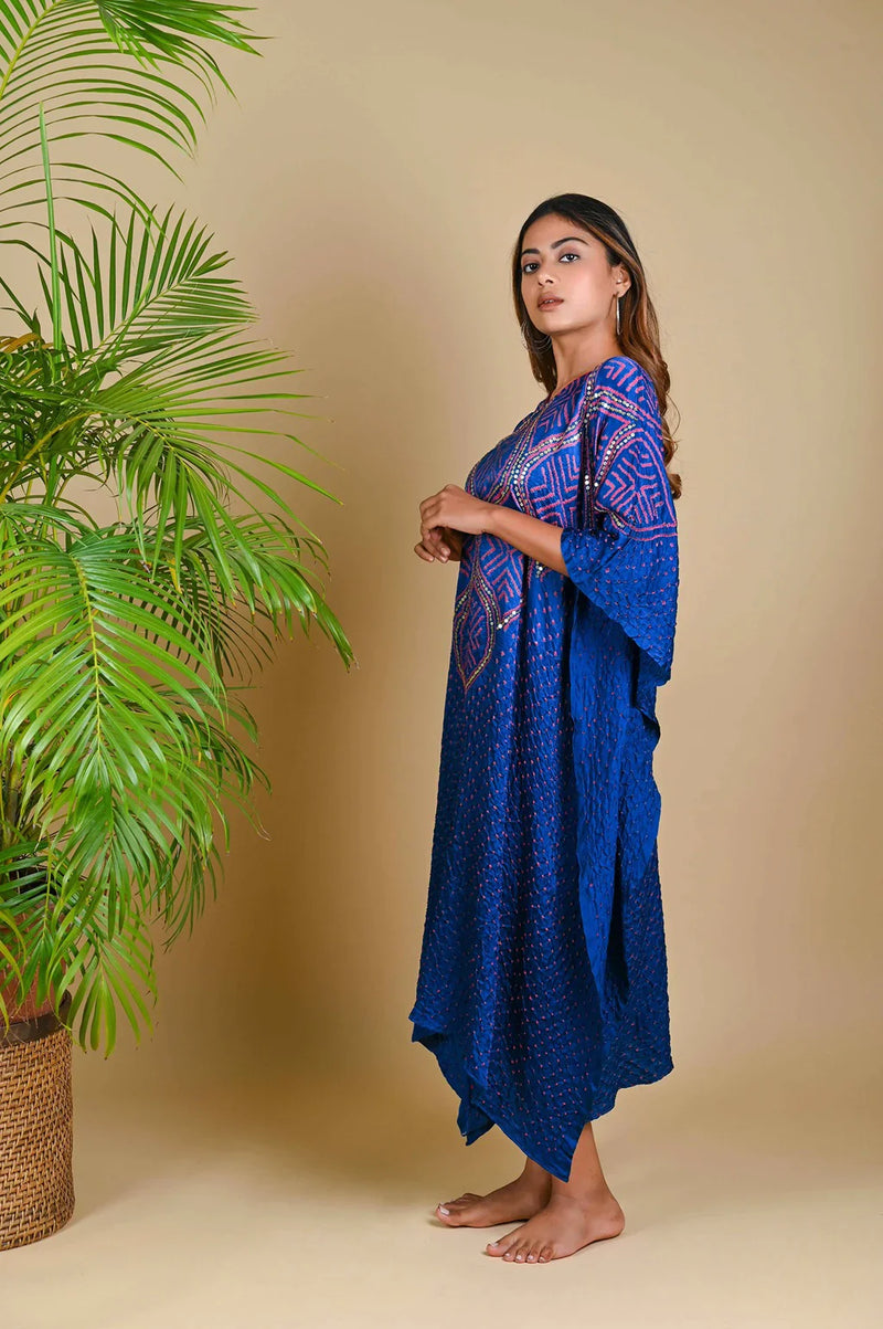 WAVE SEQUENCE KAFTAN-BLUE silk by Dyelogue in blue color for women Worldwide