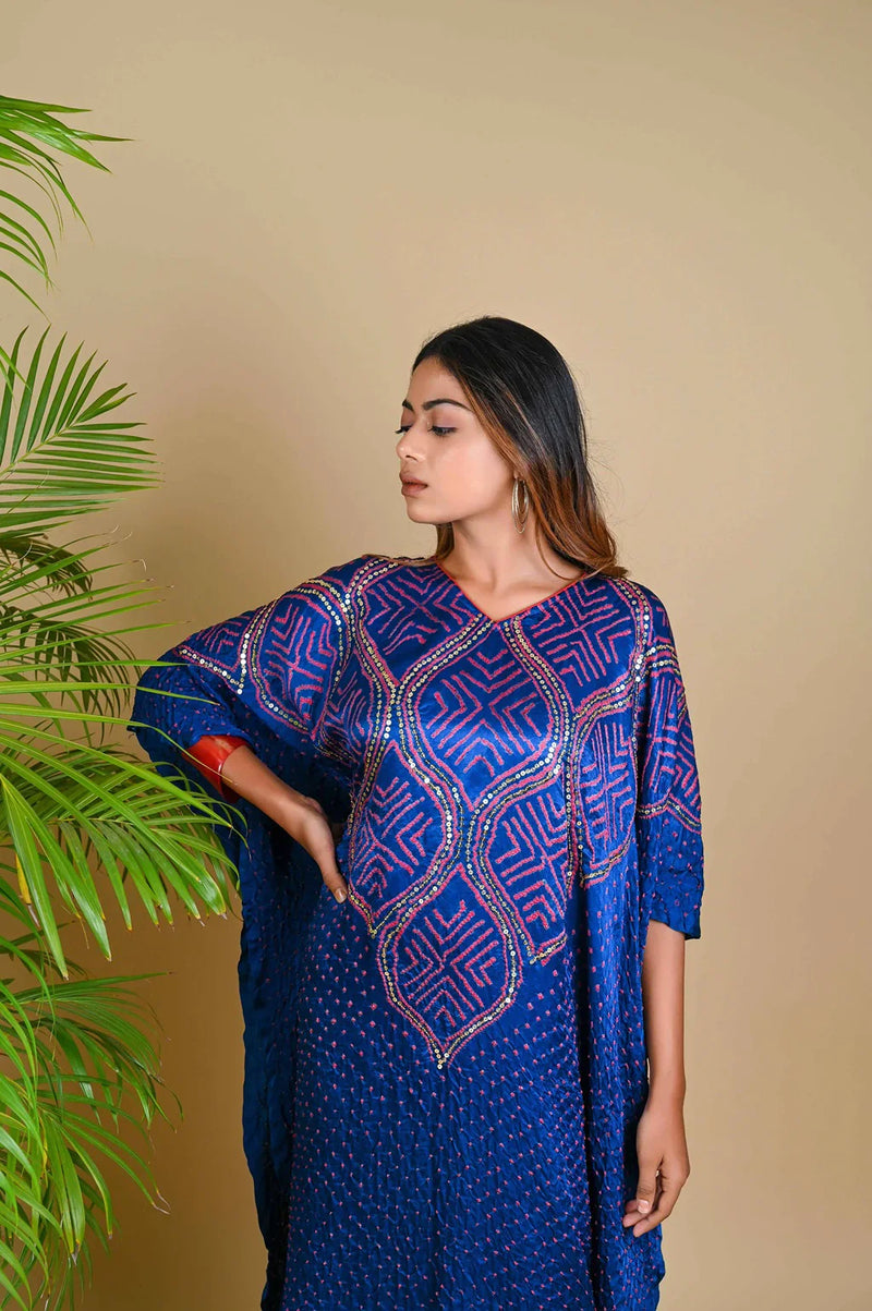 WAVE SEQUENCE KAFTAN-BLUE silk by Dyelogue in blue color for women Worldwide