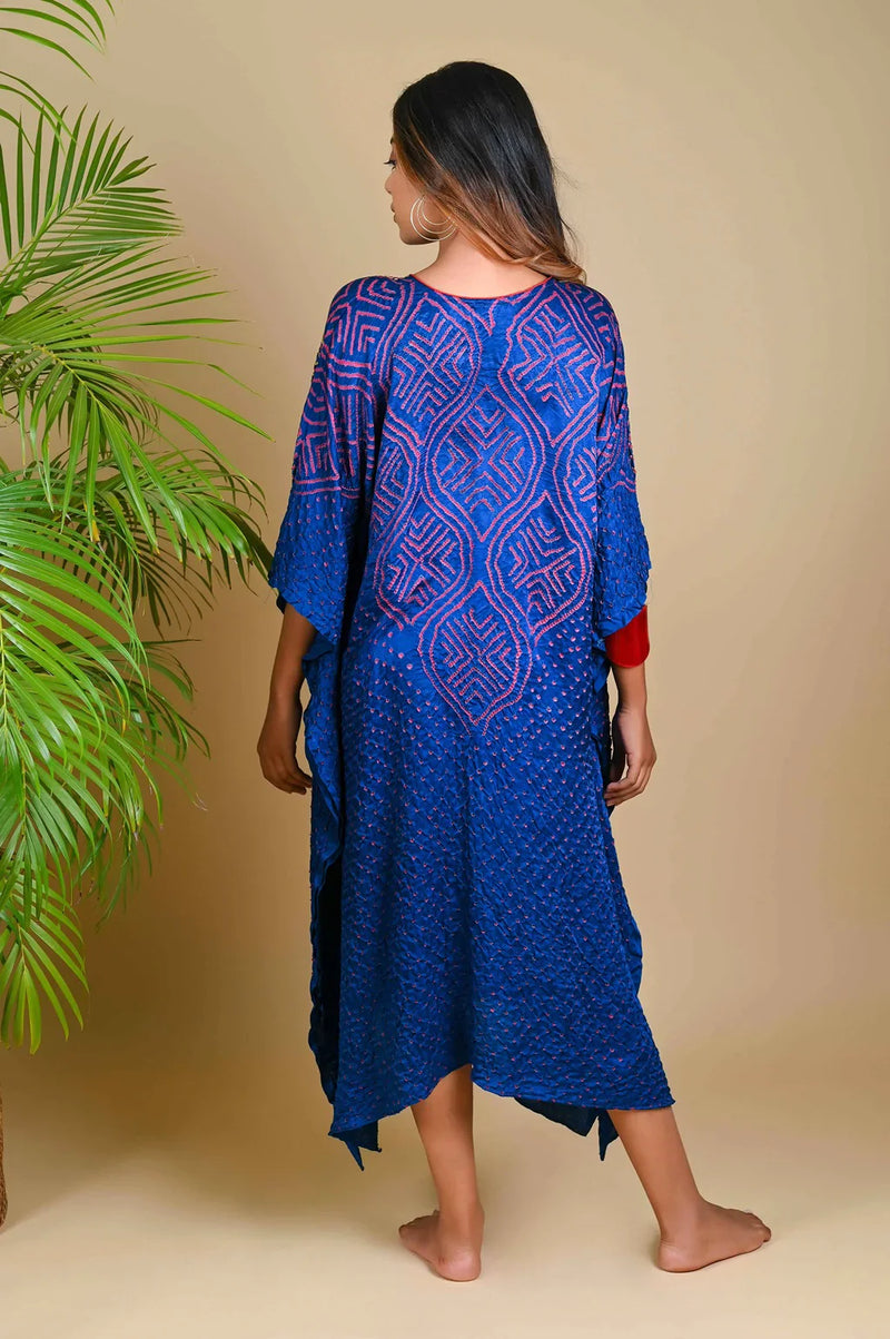WAVE SEQUENCE KAFTAN-BLUE silk by Dyelogue in blue color for women Worldwide