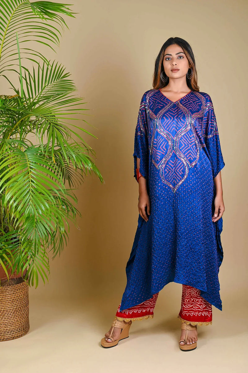 WAVE SEQUENCE KAFTAN-BLUE silk by Dyelogue in blue color for women Worldwide