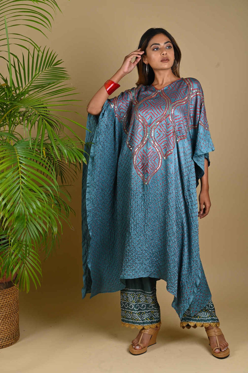WAVE SEQUENCE KAFTAN-GREY silk by Dyelogue in grey color for women Worldwide