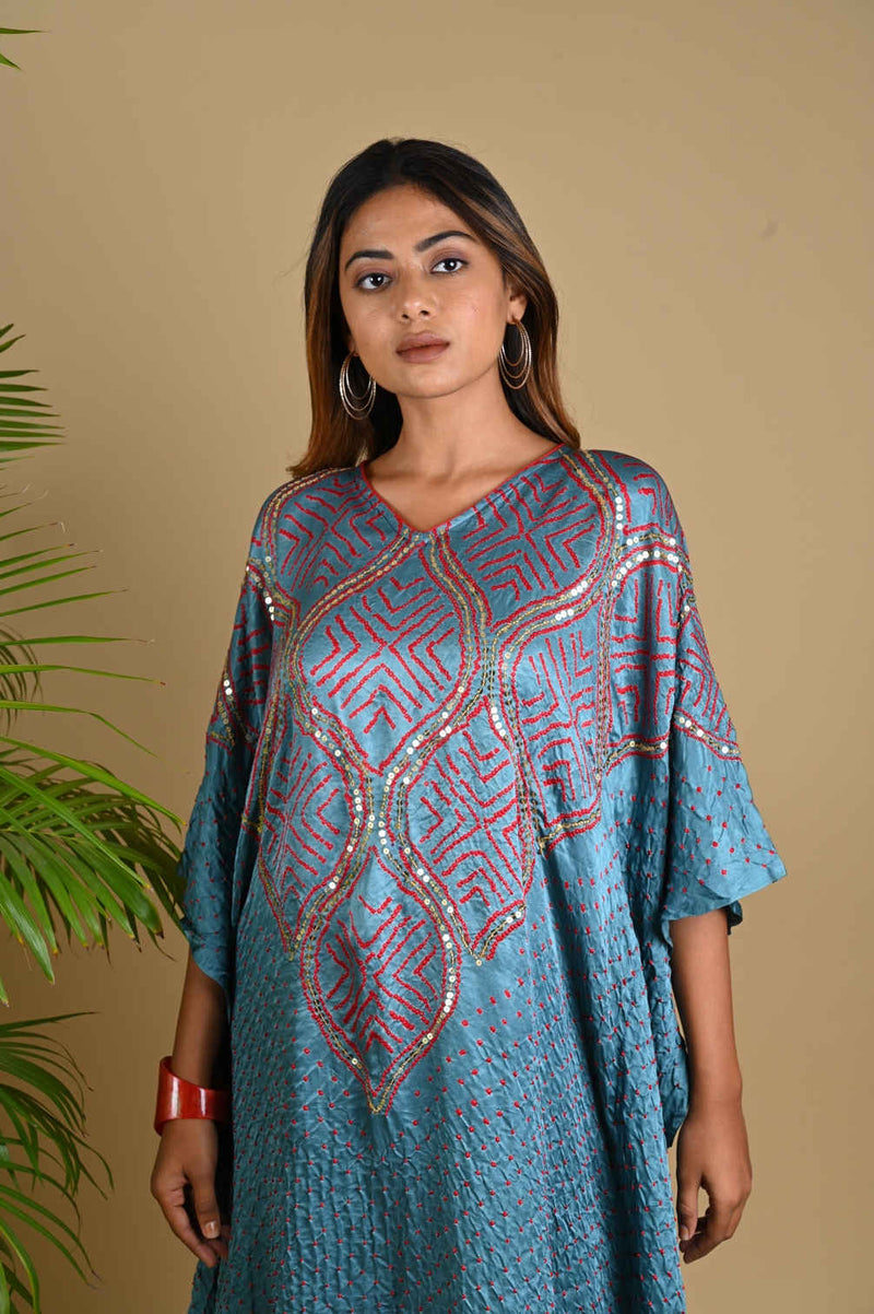 WAVE SEQUENCE KAFTAN-GREY silk by Dyelogue in grey color for women Worldwide
