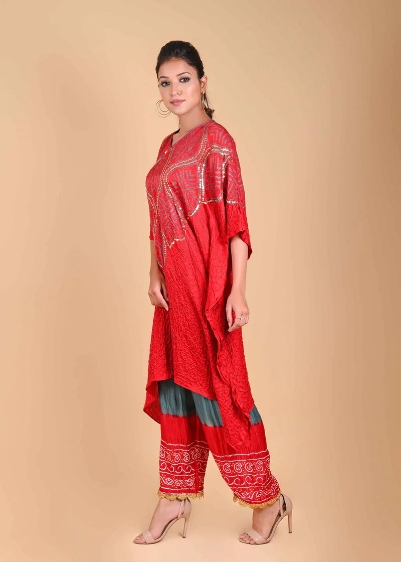 WAVE SEQUENCE KAFTAN-RED silk by Dyelogue in red color for women Worldwide