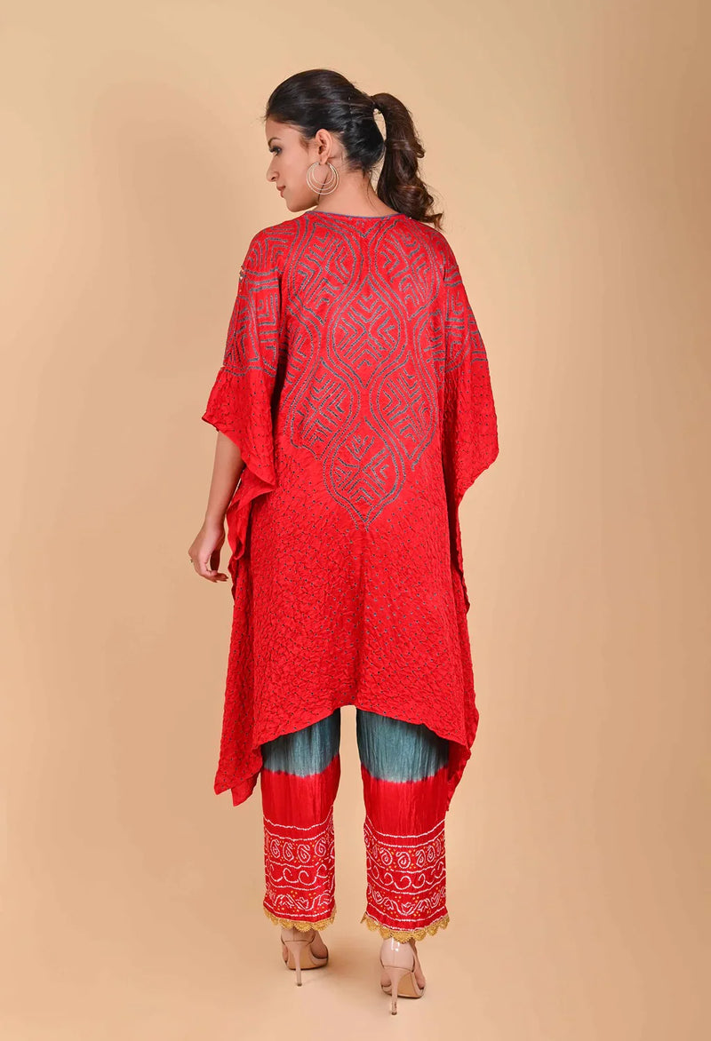 WAVE SEQUENCE KAFTAN-RED silk by Dyelogue in red color for women Worldwide