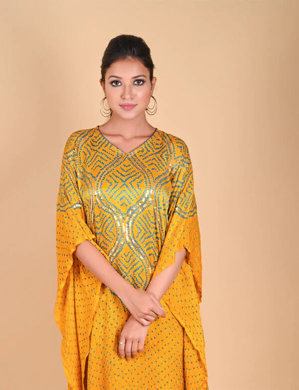 WAVE SEQUENCE KAFTAN-YELLOW silk by Dyelogue in yellow color for women Worldwide