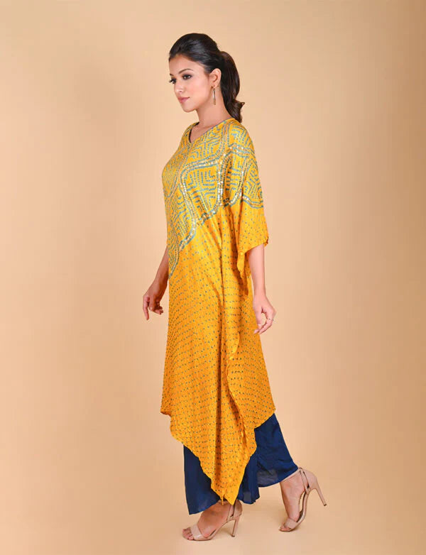 WAVE SEQUENCE KAFTAN-YELLOW silk by Dyelogue in yellow color for women Worldwide