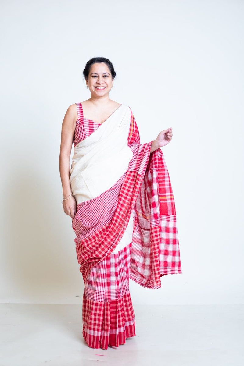 The Festive Fiesta Saree cotton,gamcha saree by 145 East in white, red for women Worldwide