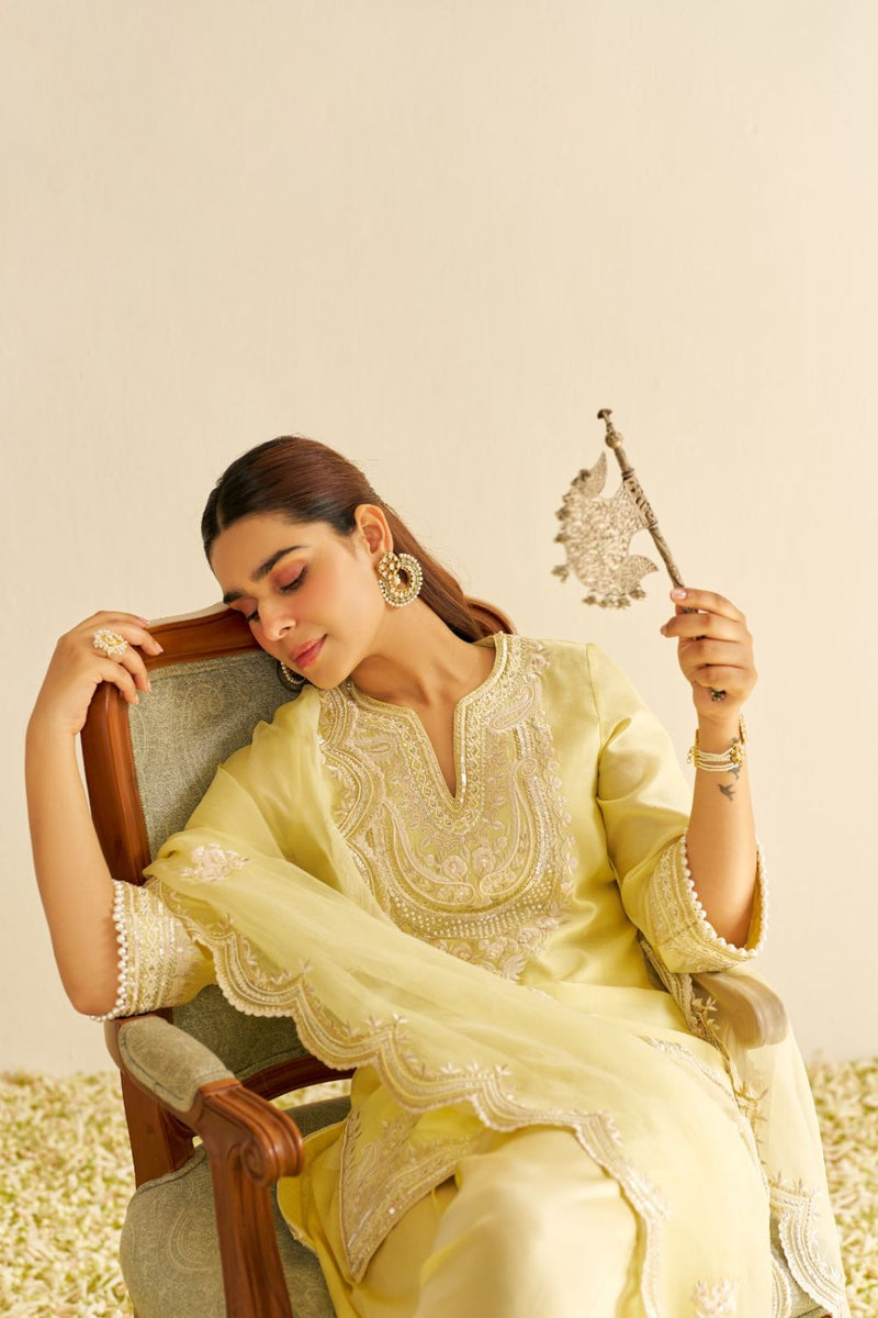 Sara - Short Kurta With Salwar And Dupatta-Lemon Yellow silk by SHEETAL BATRA in yellow color for women Worldwide
