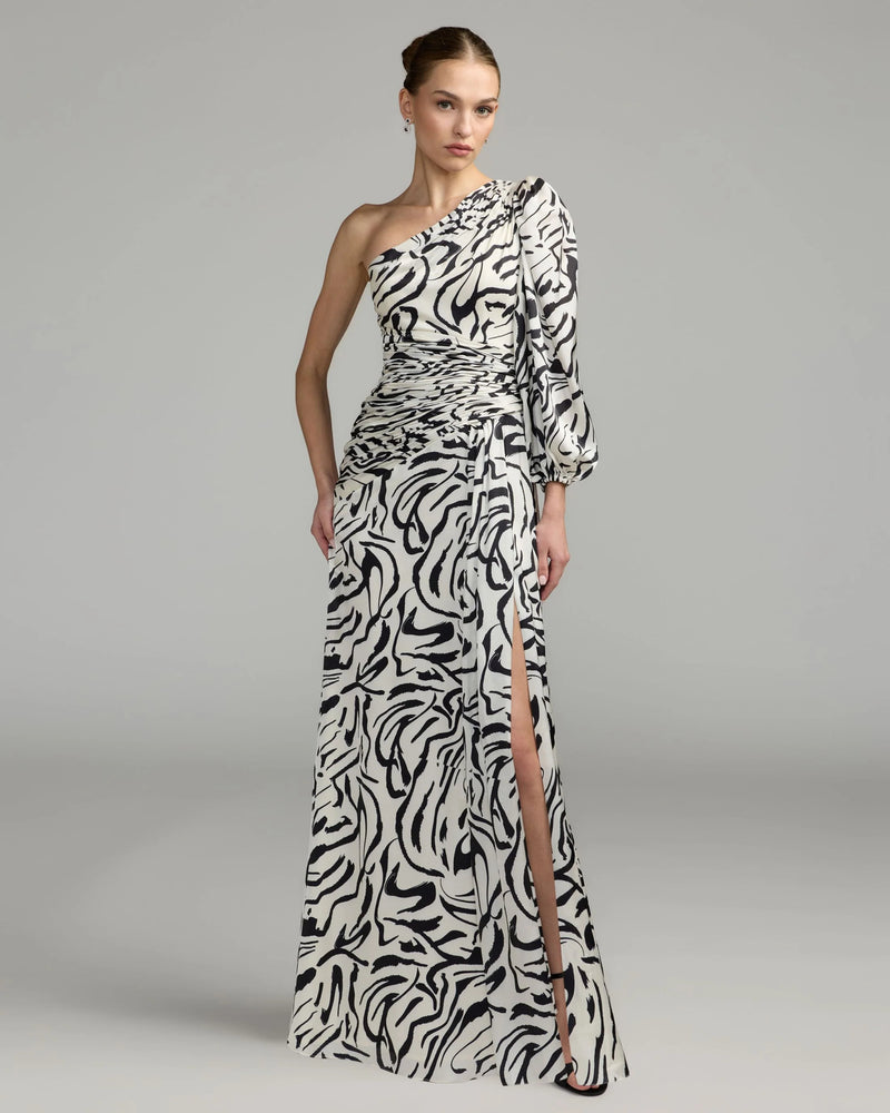 2634-White Abstract Print One Shoulder Charmeuse Gown With Slit polyester cocktail-and-party-dresses by Mac Duggal in multi-color for women Worldwide
