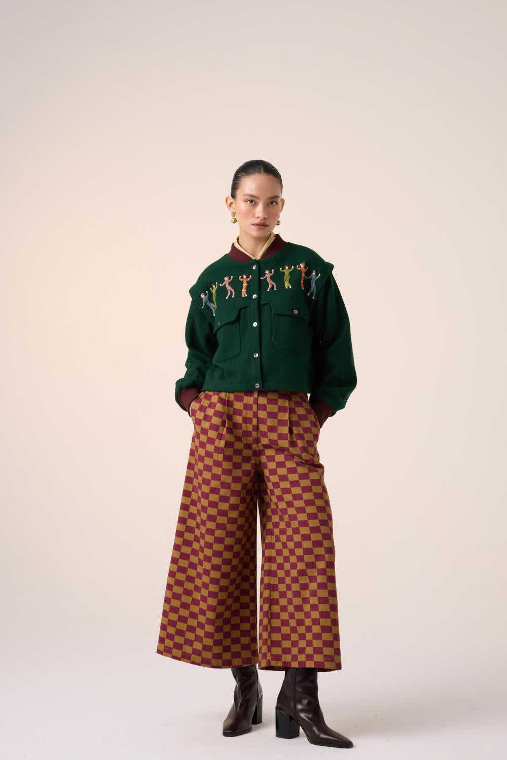 WIDE LEG PANT -MAROON-OLIVE CHECKS