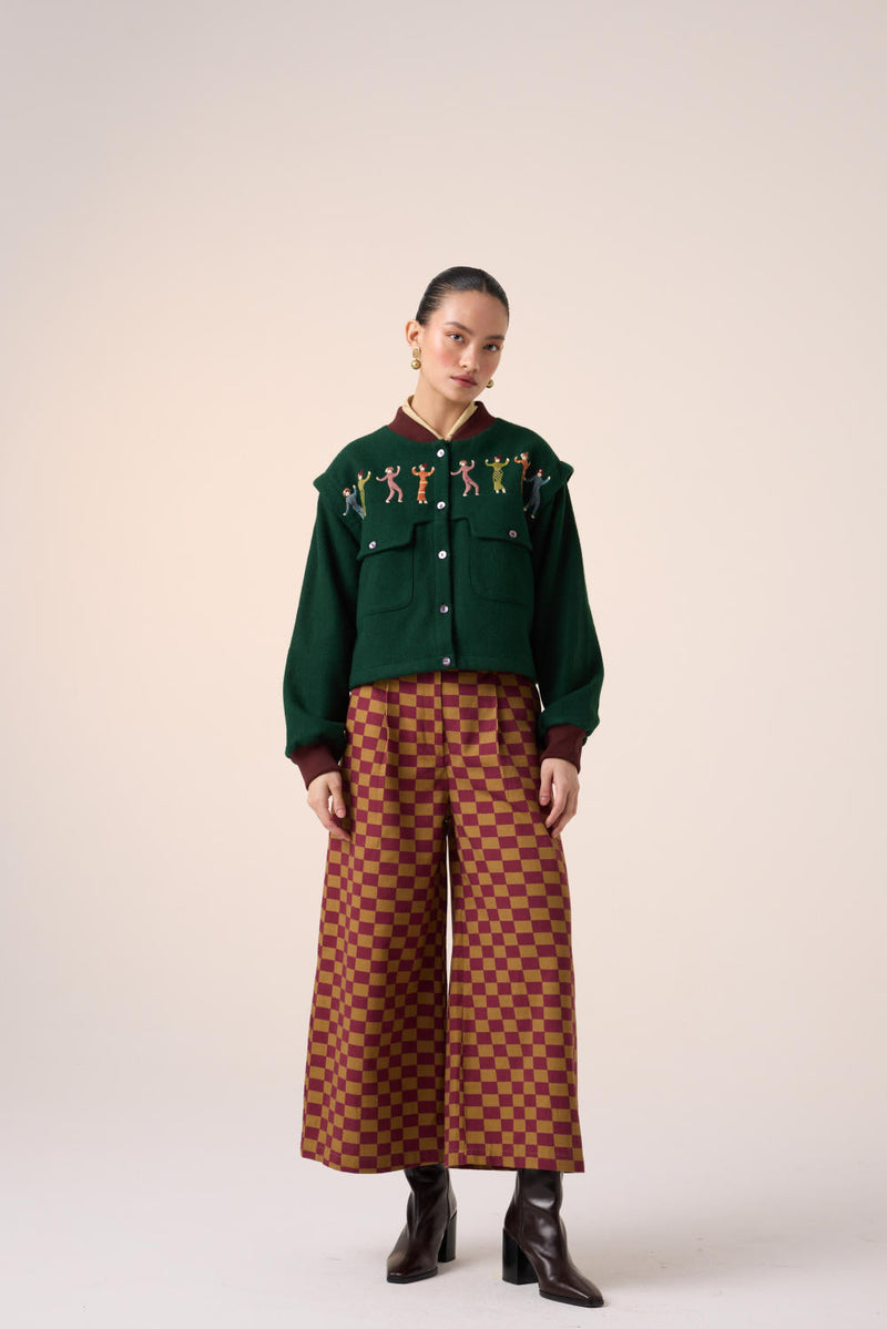 WIDE LEG PANT -MAROON-OLIVE CHECKS cotton by CORD for women Worldwide