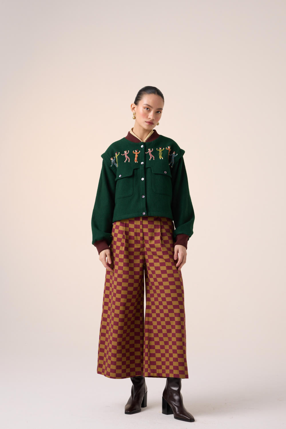 WIDE LEG PANT -MAROON-OLIVE CHECKS