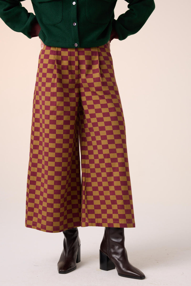 WIDE LEG PANT -MAROON-OLIVE CHECKS cotton by CORD for women Worldwide
