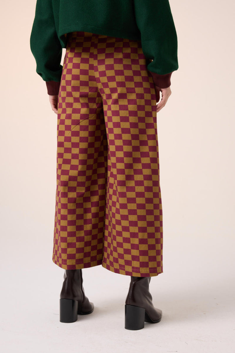WIDE LEG PANT -MAROON-OLIVE CHECKS cotton by CORD for women Worldwide