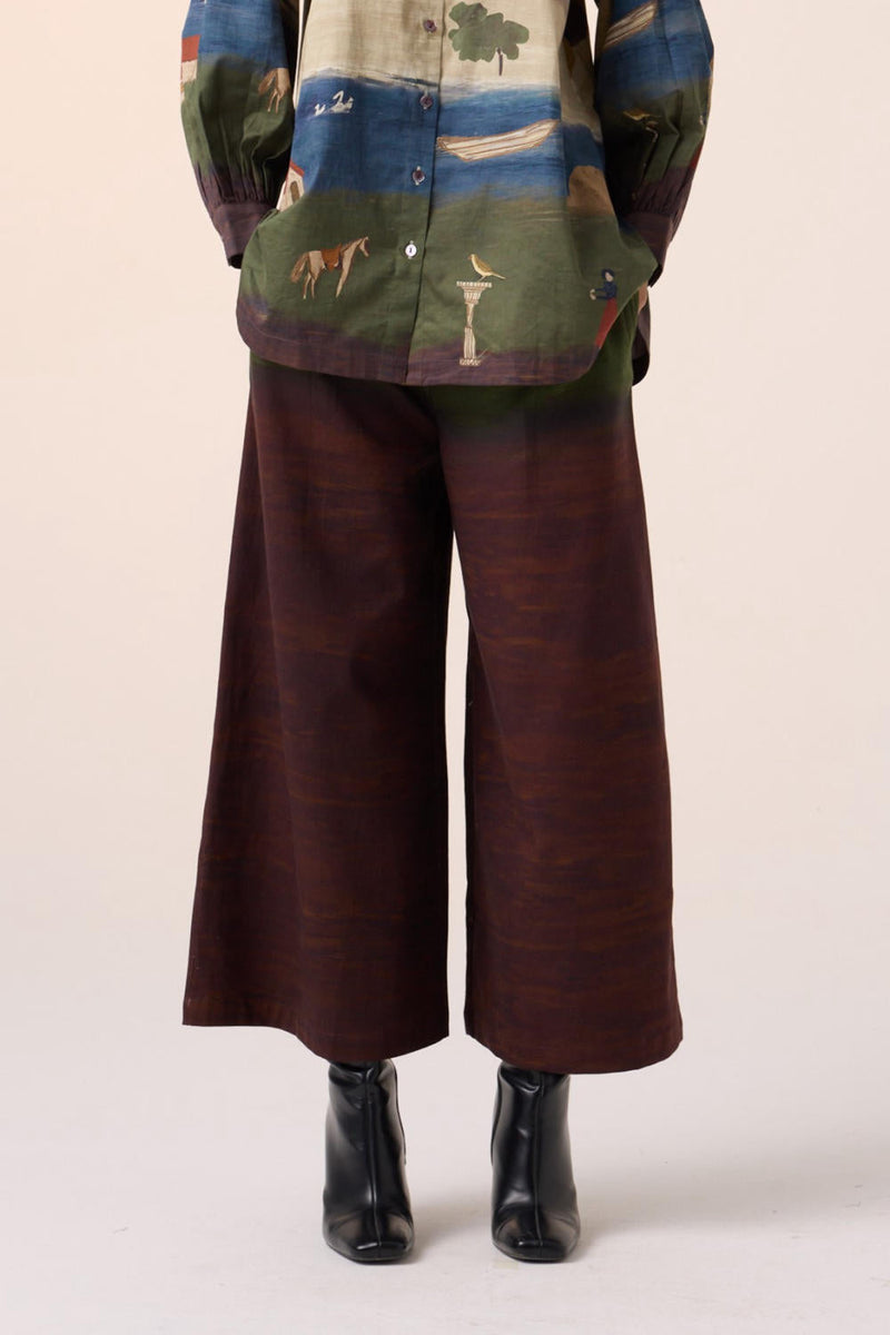 WIDE LEG PANT -MAROON OLIVE VILLAGE PRINT cotton by CORD for women Worldwide