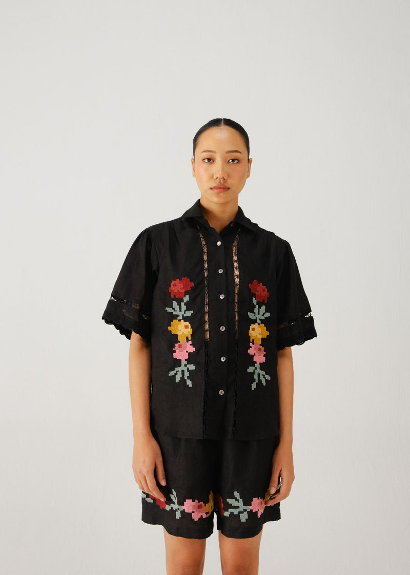 Wide leg shorts-Black pixel emb. by CORD for women Worldwide