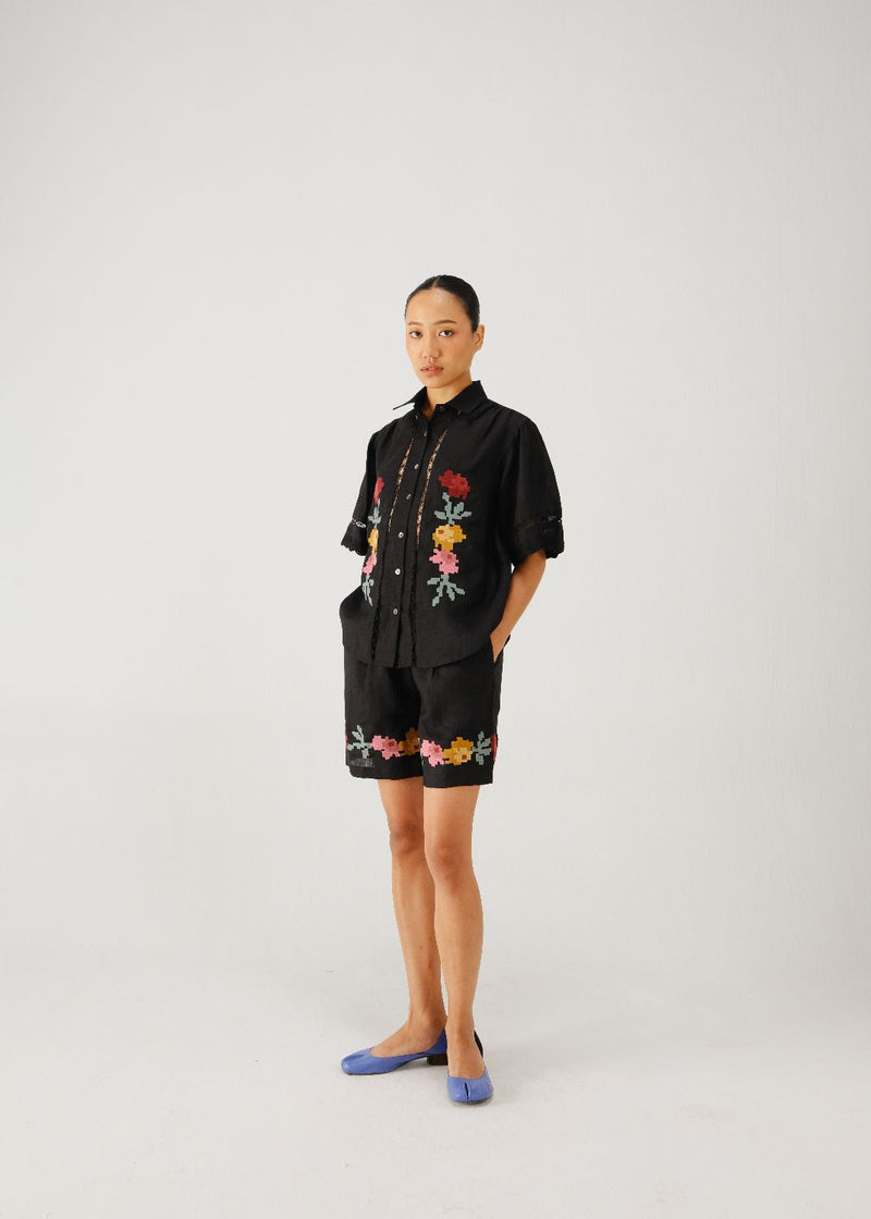 Wide leg shorts-Black pixel emb. by CORD for women Worldwide