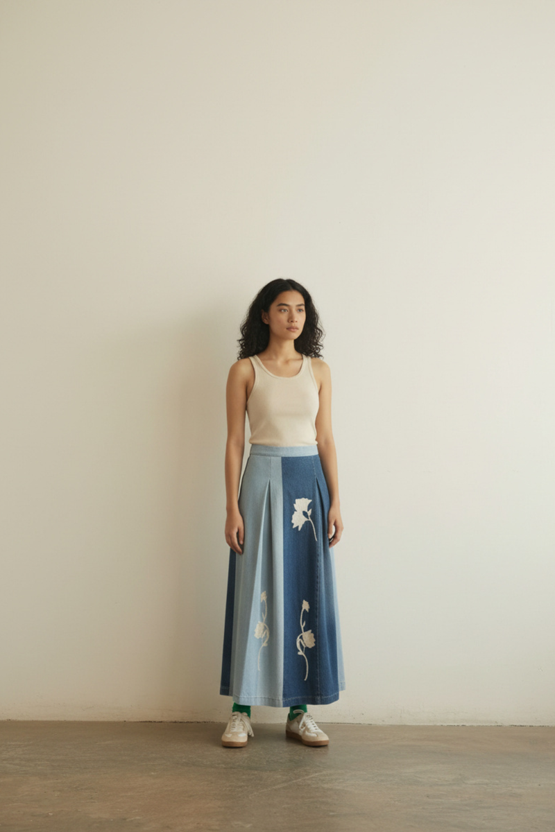 Judy Denim Panelled Skirt by Doodlage in blue color for women Worldwide