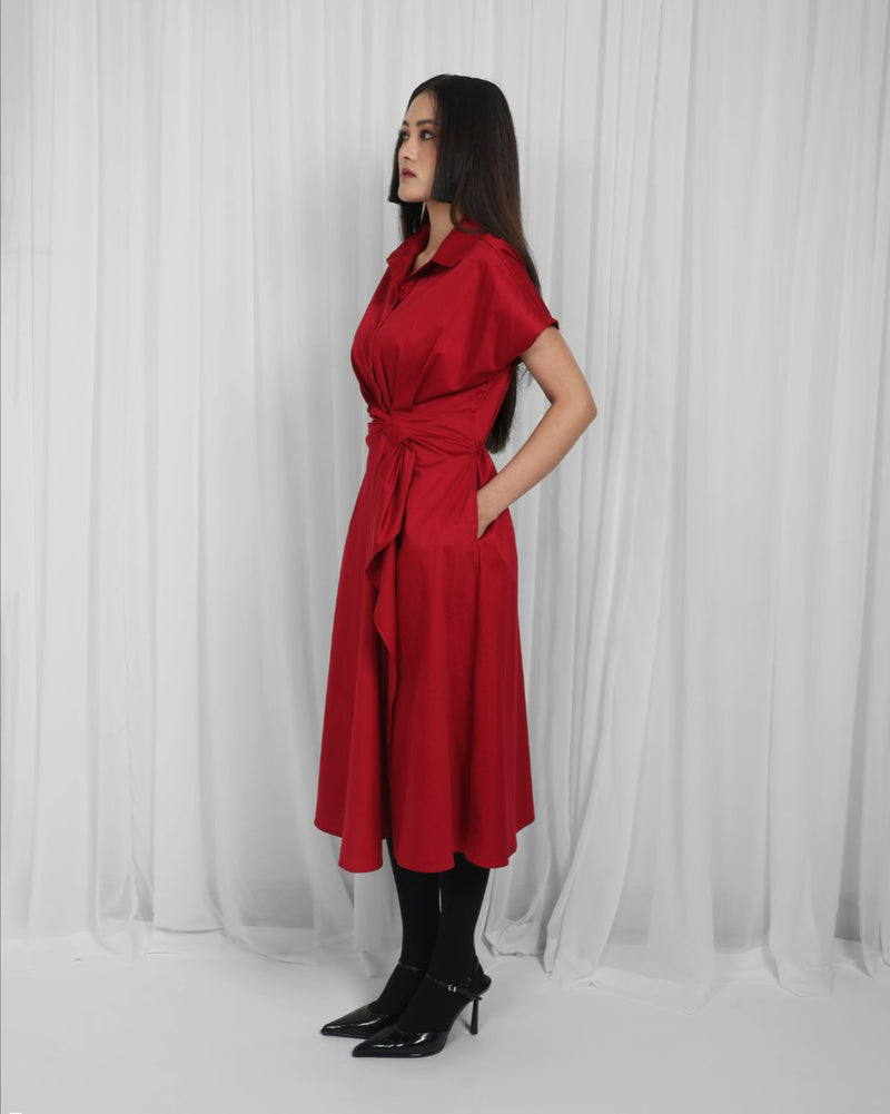Wrap Dress-Red 100% cotton by Leh Studios in red color for women Worldwide