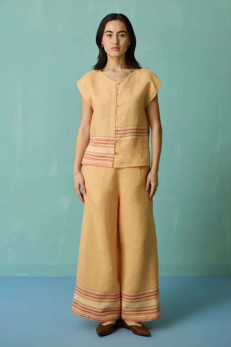 Xora Border Linen Cap-Sleeve Top - Apricot linen top/shirt by Manan in apricot for women Worldwide