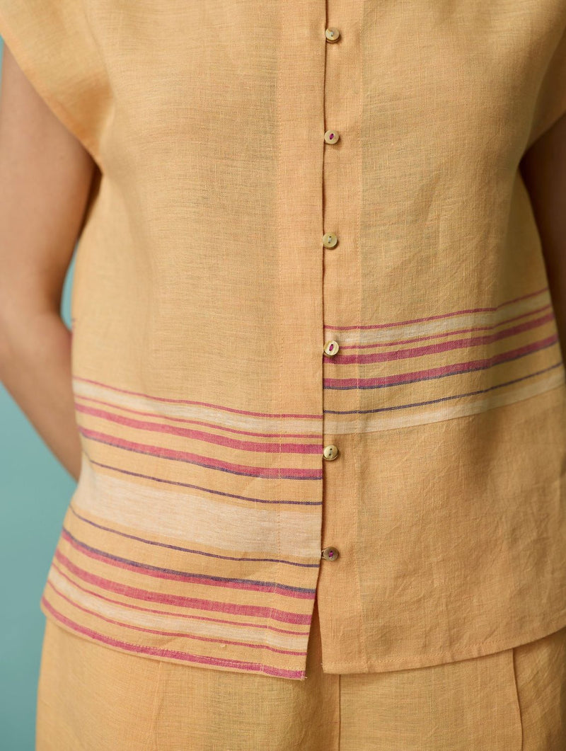 Xora Border Linen Cap-Sleeve Top - Apricot linen top/shirt by Manan in apricot for women Worldwide